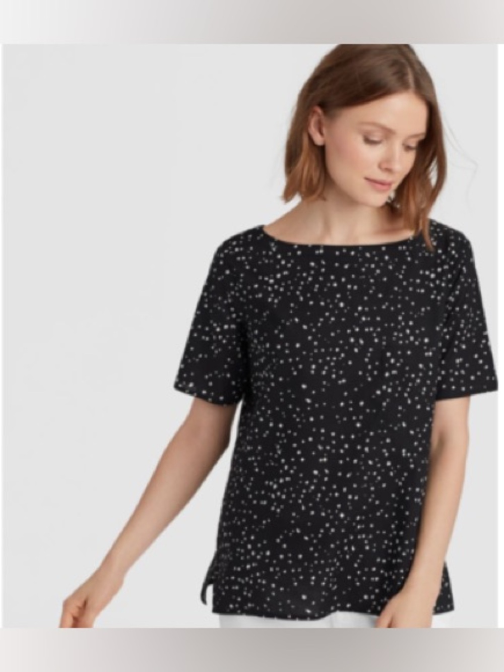 Eileen Fisher Dot Print Organic Cotton A-Line Blouse, Black & White, Size S